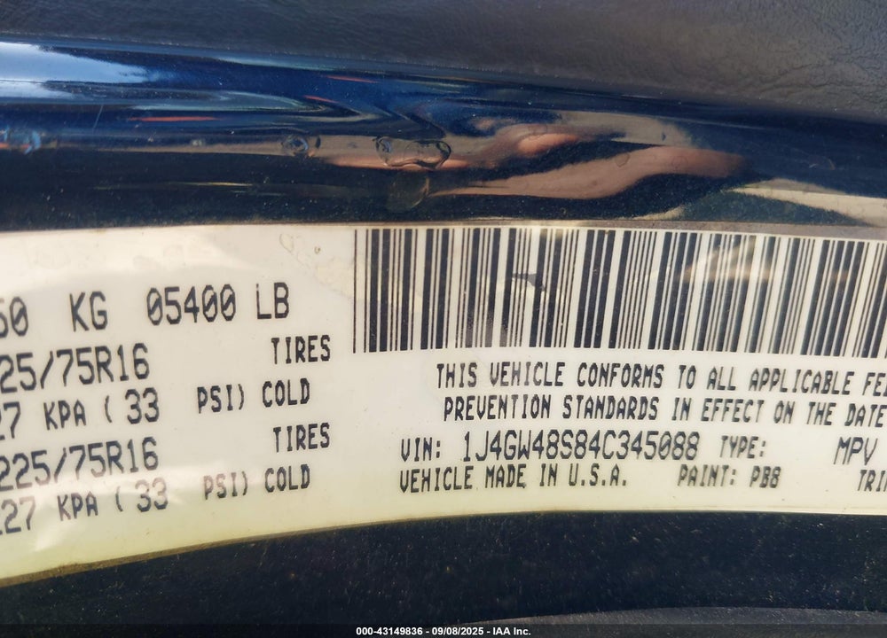 2004 JEEP GRAND CHEROKEE VIN: 1J4GW48S84C345088