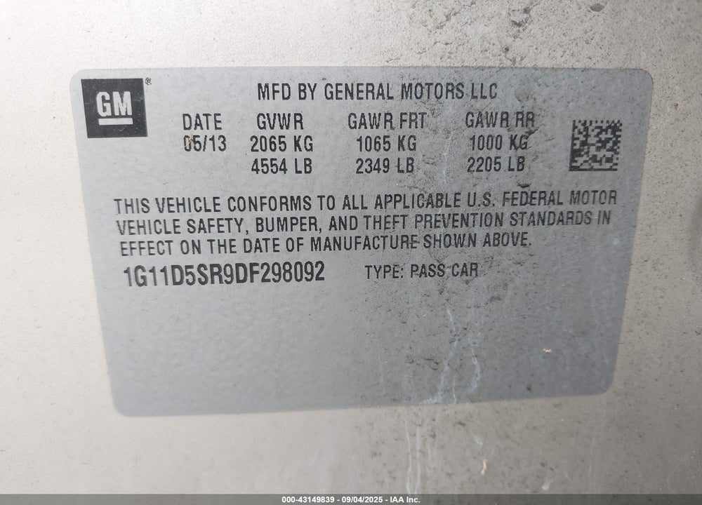 2013 CHEVROLET MALIBU VIN: 1G11D5SR9DF298092