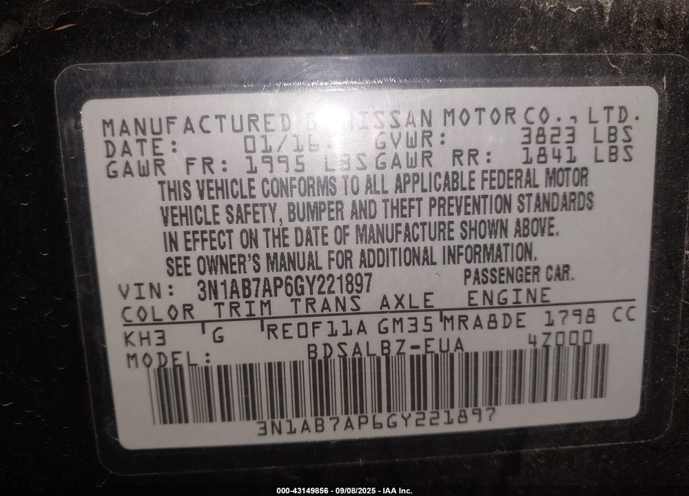 2016 NISSAN SENTRA VIN: 3N1AB7AP6GY221897