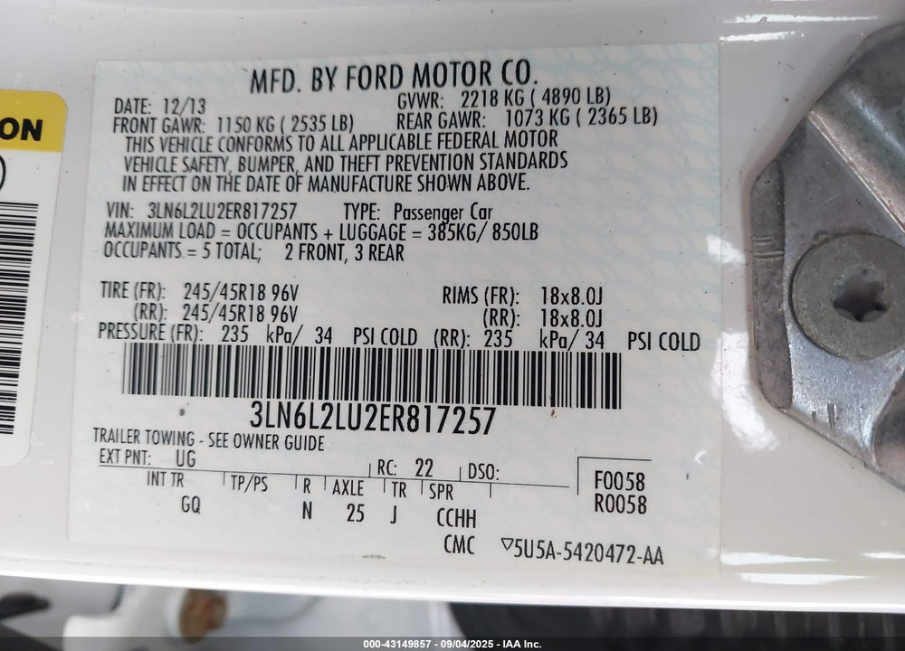 2014 LINCOLN MKZ VIN: 3LN6L2LU2ER817257