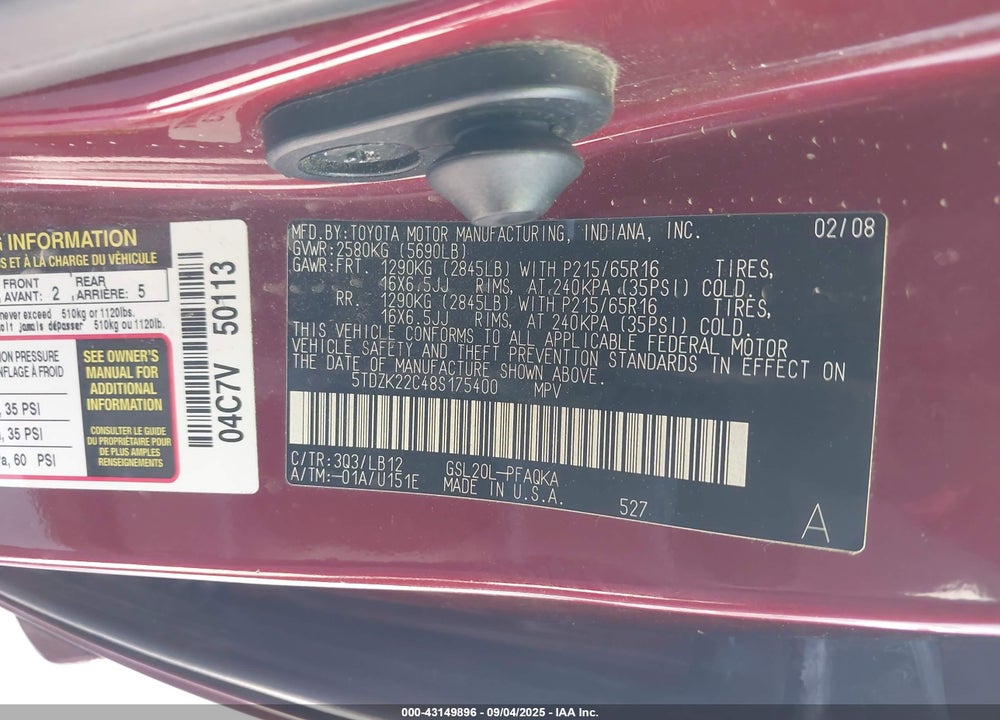 2008 TOYOTA SIENNA XLE VIN: 5TDZK22C48S175400