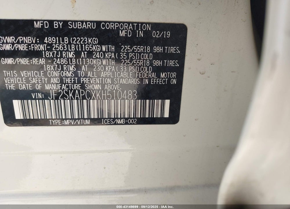 2019 SUBARU FORESTER SPORT VIN: JF2SKAPCXKH510483
