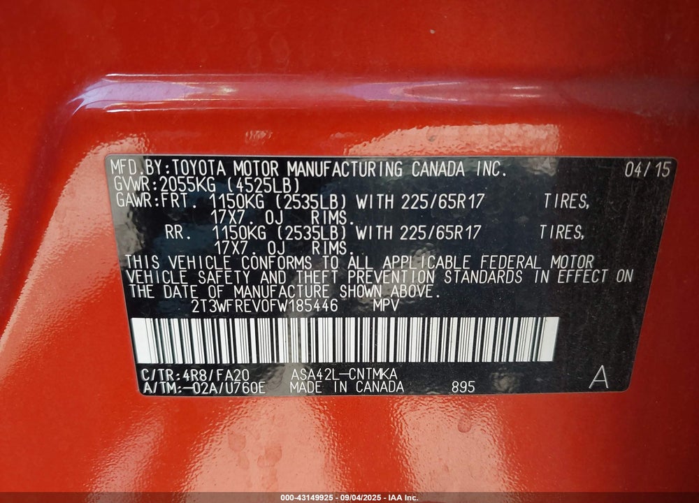 2015 TOYOTA RAV4 VIN: 2T3WFREV0FW185446
