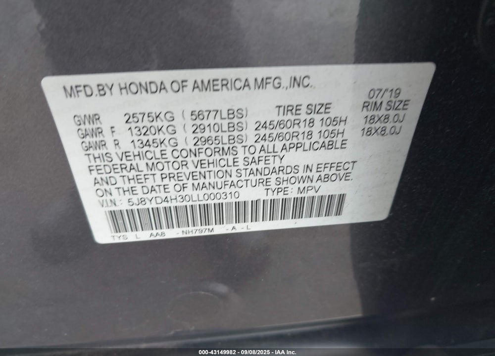 2020 ACURA MDX VIN: 5J8YD4H30LL000310