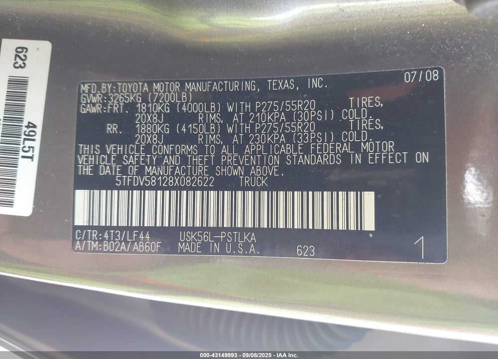 2008 TOYOTA TUNDRA VIN: 5TFDV58128X082622