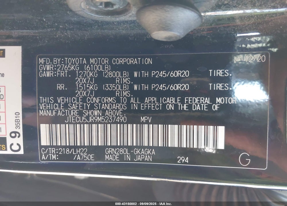 2021 TOYOTA 4RUNNER VIN: JTECU5JR9M5237490