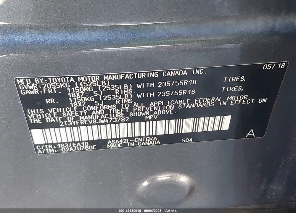2018 TOYOTA RAV4 VIN: 2T3YFREV8JW473782