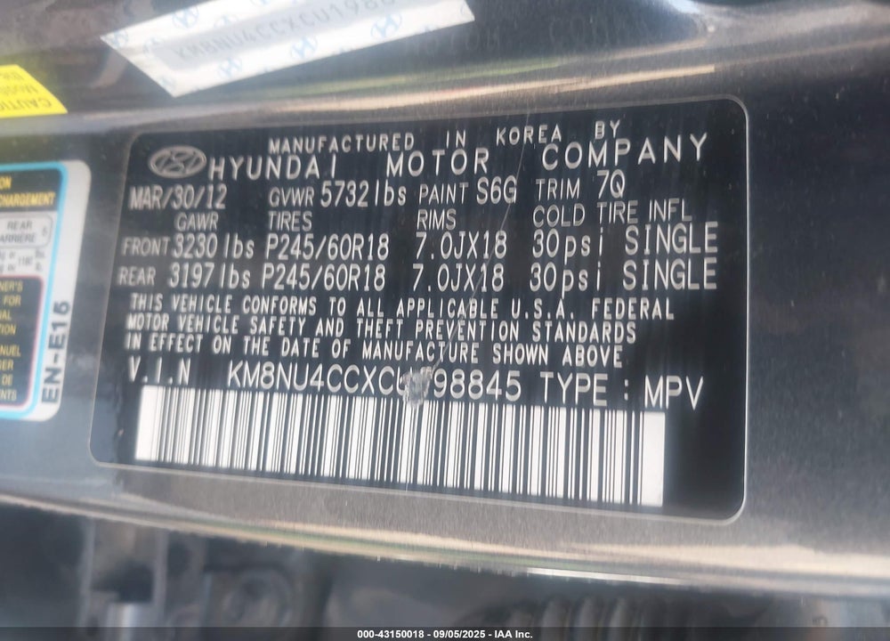 2012 HYUNDAI VERACRUZ LIMITED VIN: KM8NU4CCXCU198845