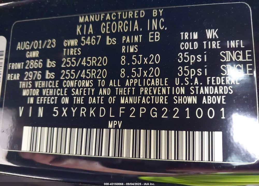 2023 KIA SORENTO VIN: 5XYRKDLF2PG221001