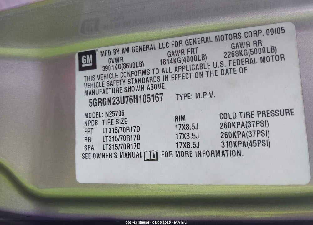 2006 HUMMER H2 SUV VIN: 5GRGN23U76H105167