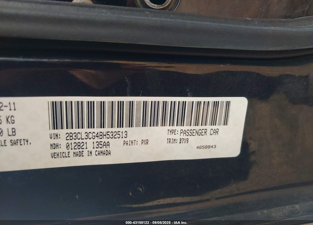 2011 DODGE CHARGER VIN: 2B3CL3CG4BH532513