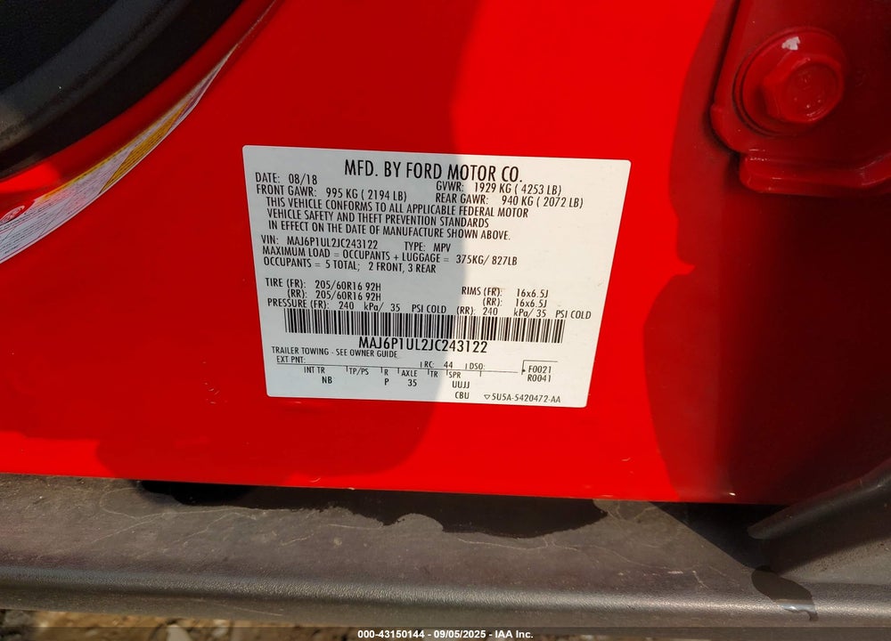 2018 FORD ECOSPORT SE VIN: MAJ6P1UL2JC243122