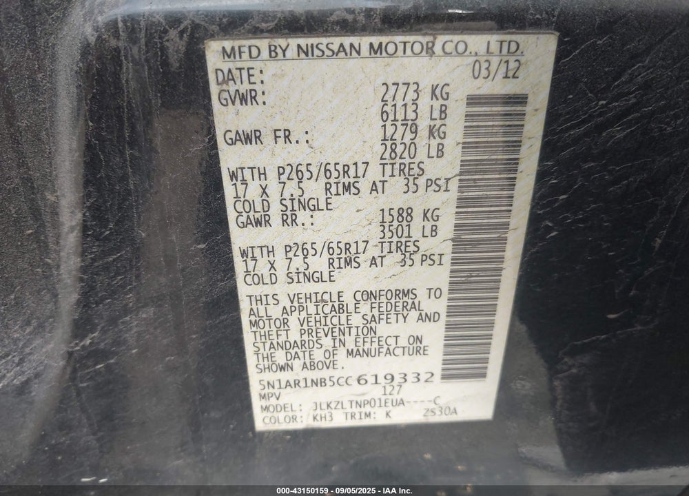 2012 NISSAN PATHFINDER VIN: 5N1AR1NB5CC619332