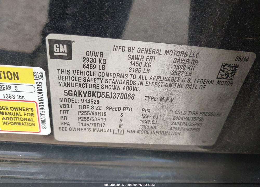 2014 BUICK ENCLAVE LEATHER VIN: 5GAKVBKD6EJ370068