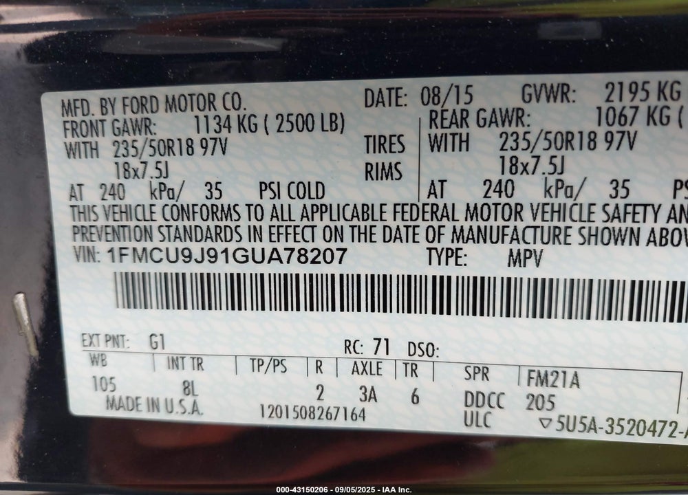 2016 FORD ESCAPE VIN: 1FMCU9J91GUA78207