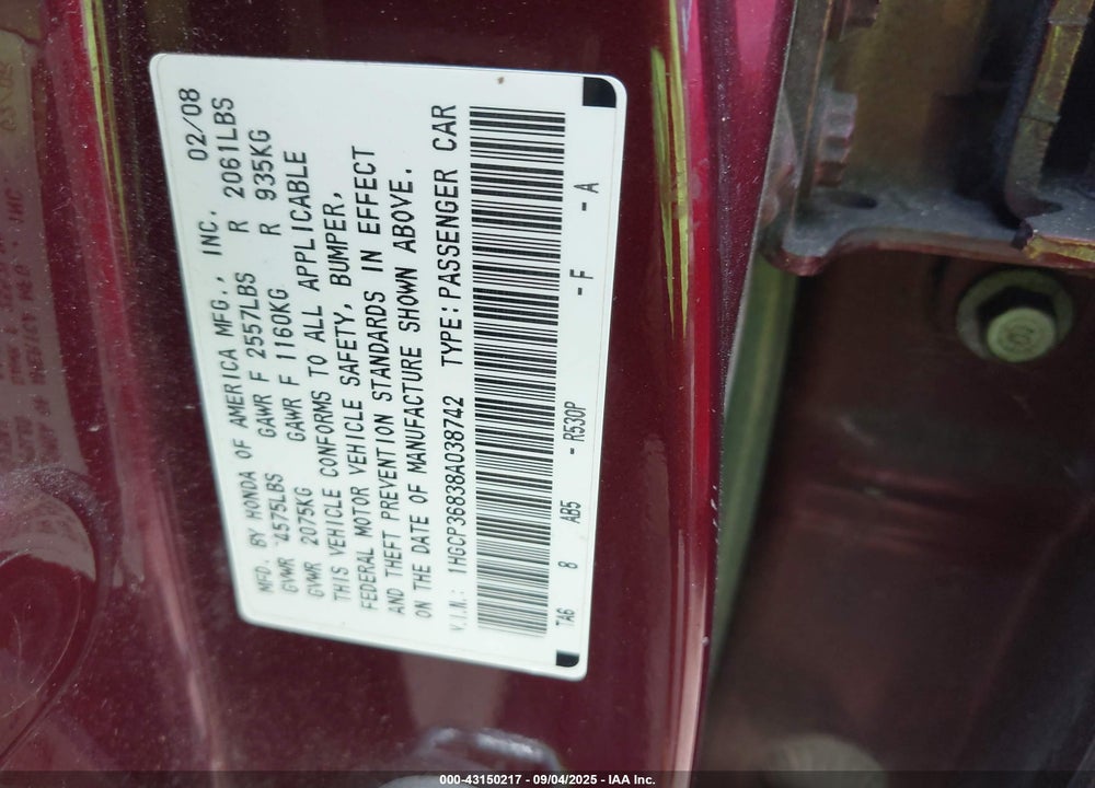 2008 HONDA ACCORD 3.5 EX-L VIN: 1HGCP36838A038742