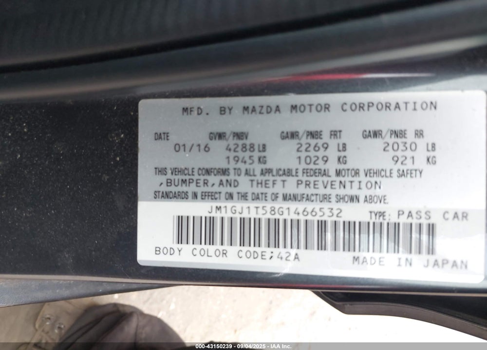 2016 MAZDA 6 VIN: JM1GJ1T58G1466532