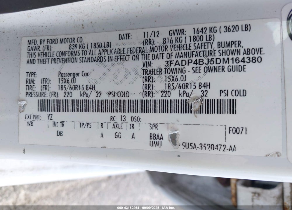 2013 FORD FIESTA VIN: 3FADP4BJ5DM164380