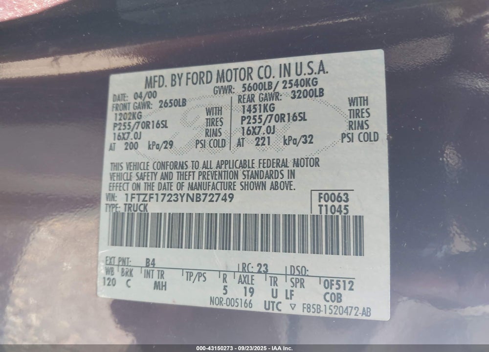 2000 FORD F-150 WORK SERIES/XL/XLT VIN: 1FTZF1723YNB72749