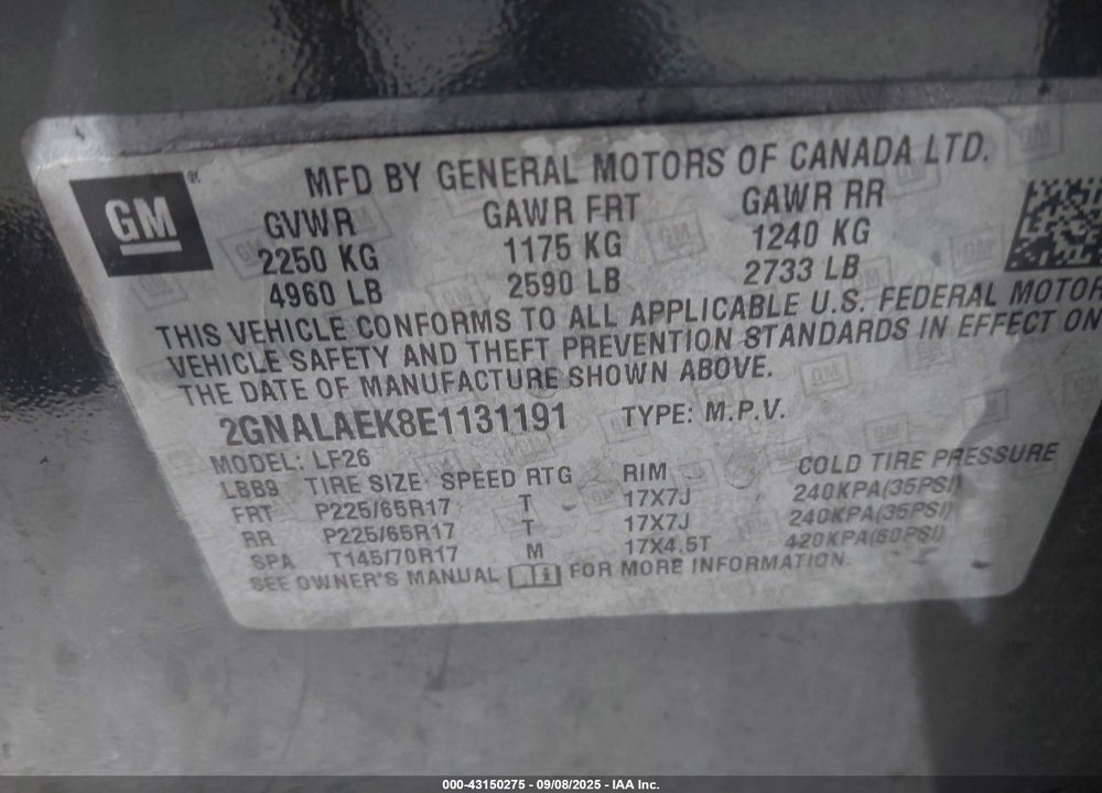 2014 CHEVROLET EQUINOX VIN: 2GNALAEK8E1131191