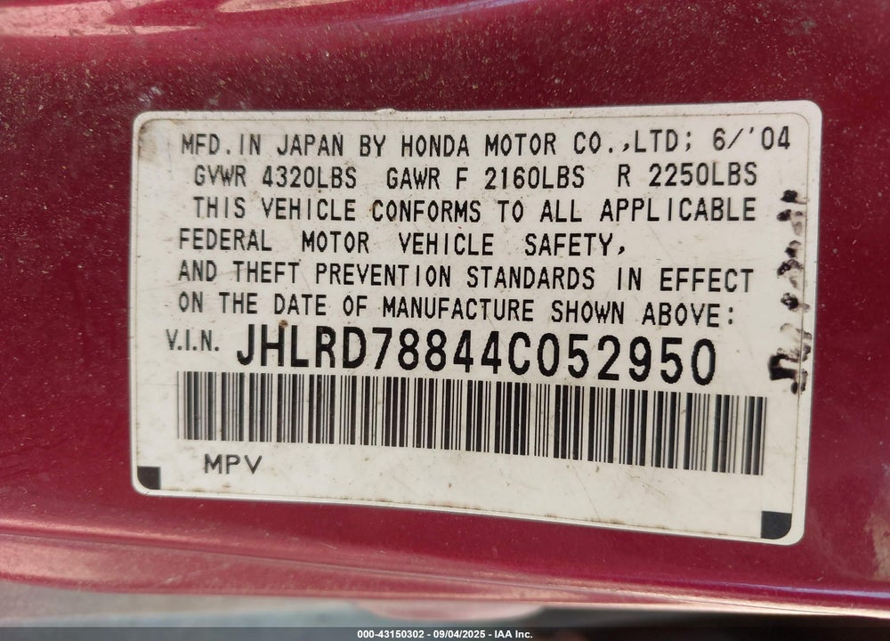 2004 HONDA CR-V EX VIN: JHLRD78844C052950