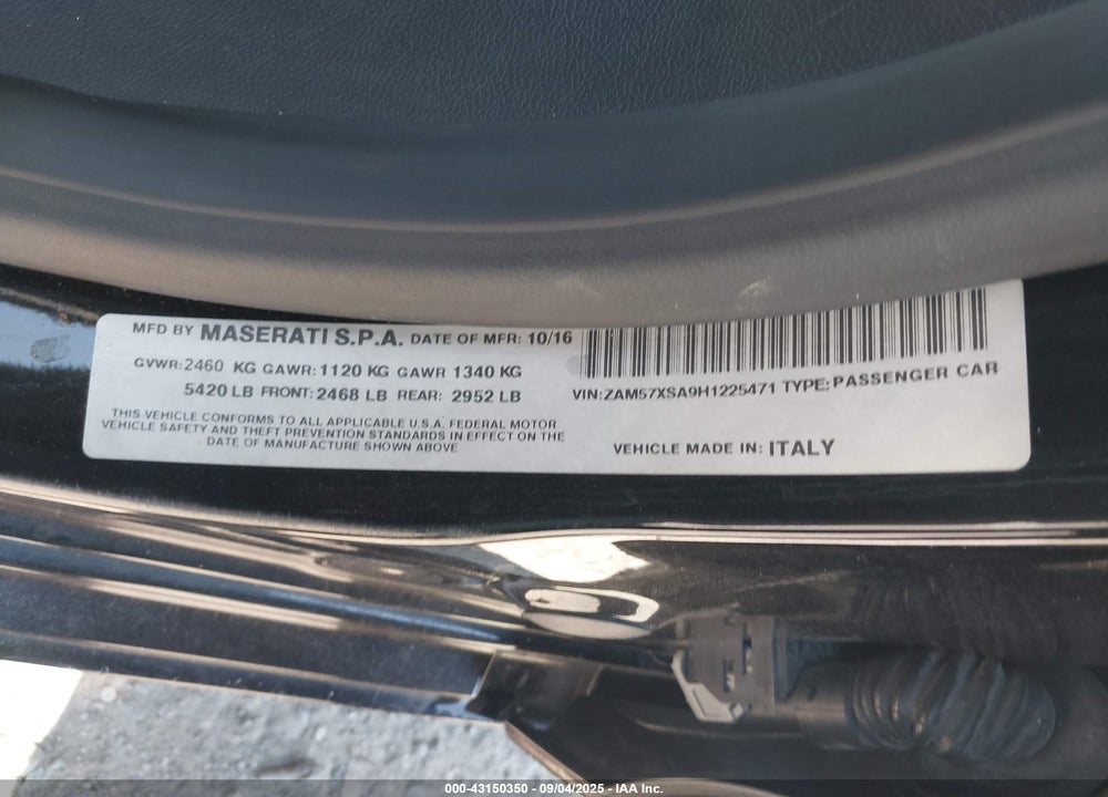 2017 MASERATI GHIBLI VIN: ZAM57XSA9H1225471