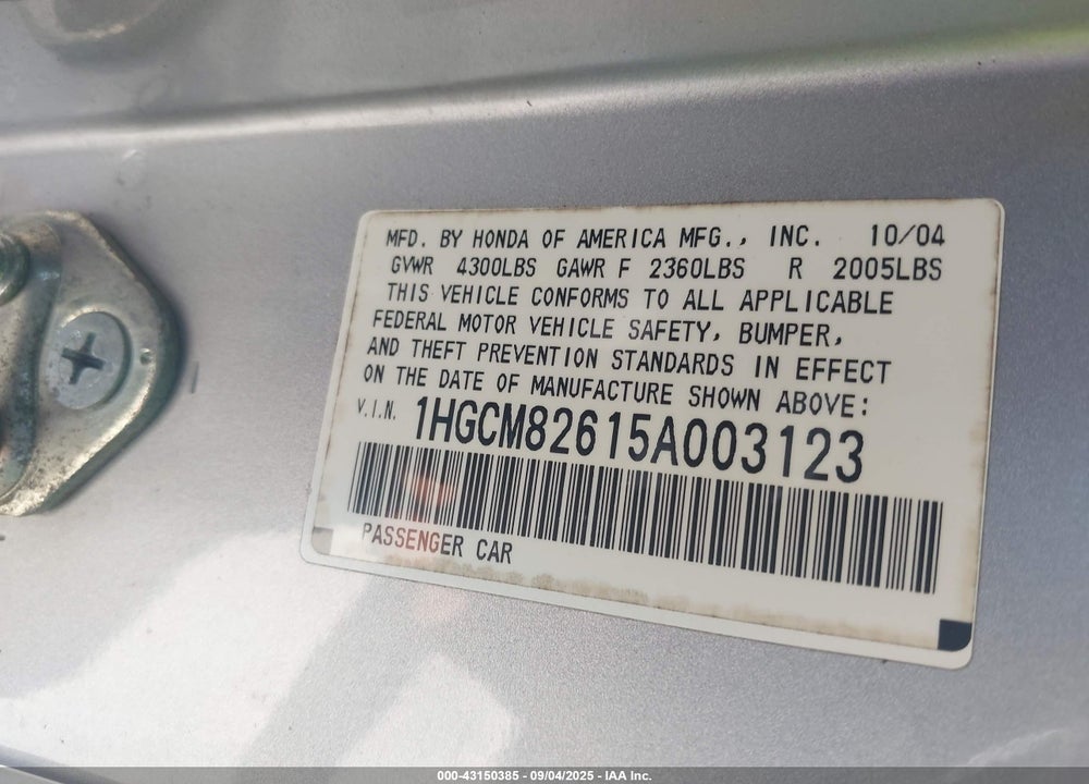 2005 HONDA ACCORD 3.0 EX VIN: 1HGCM82615A003123