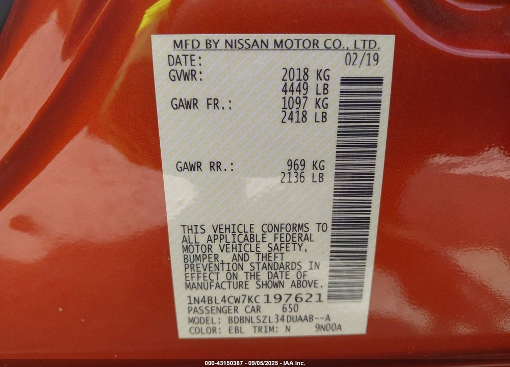 2019 NISSAN ALTIMA VIN: 1N4BL4CW7KC197621