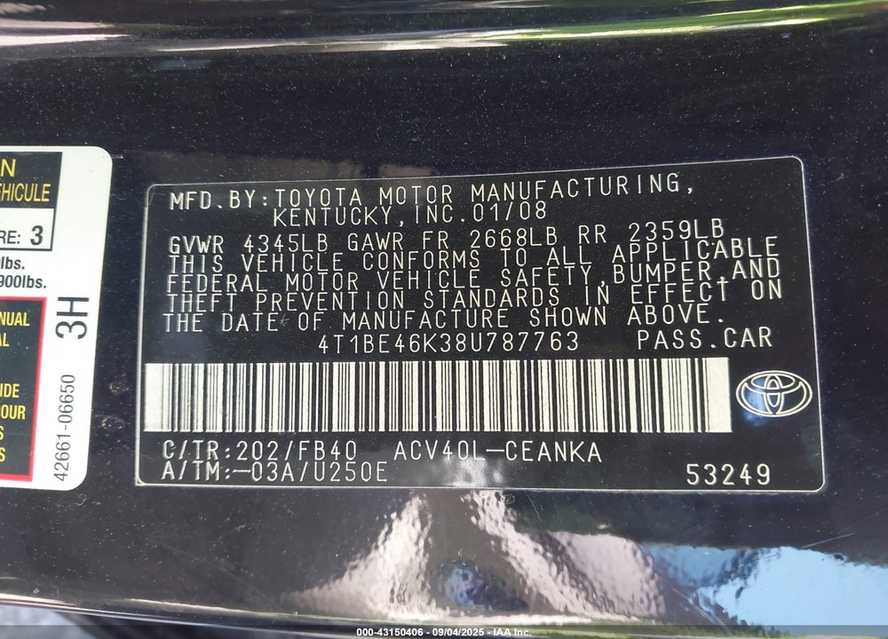 2008 TOYOTA CAMRY LE VIN: 4T1BE46K38U787763