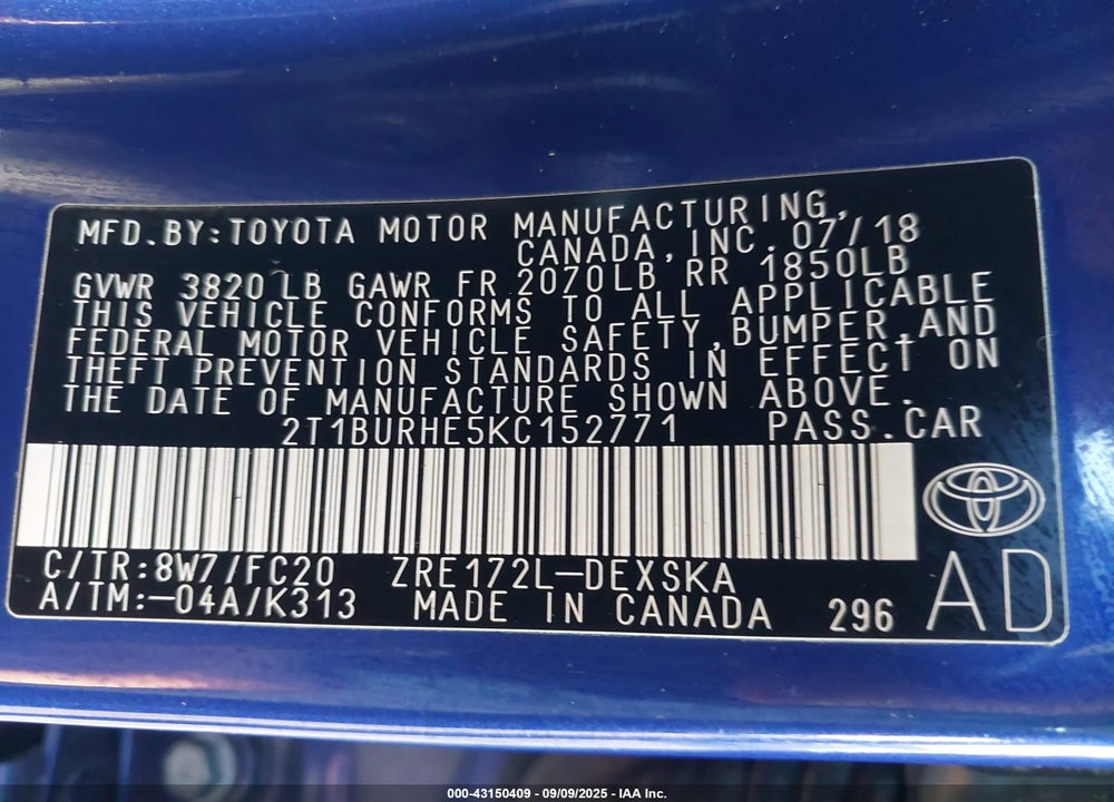2019 TOYOTA COROLLA VIN: 2T1BURHE5KC152771