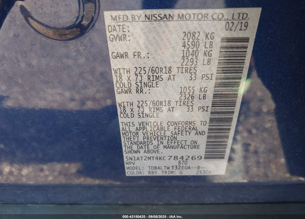 2019 NISSAN ROGUE SV VIN: 5N1AT2MT4KC784269
