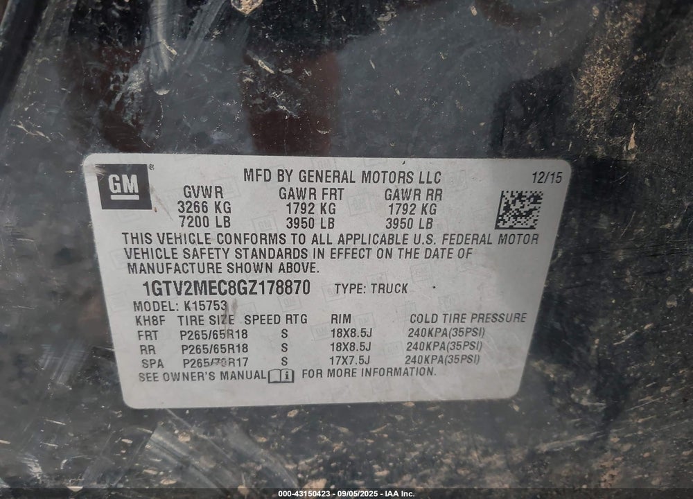 2016 GMC SIERRA 1500 SLE VIN: 1GTV2MEC8GZ178870