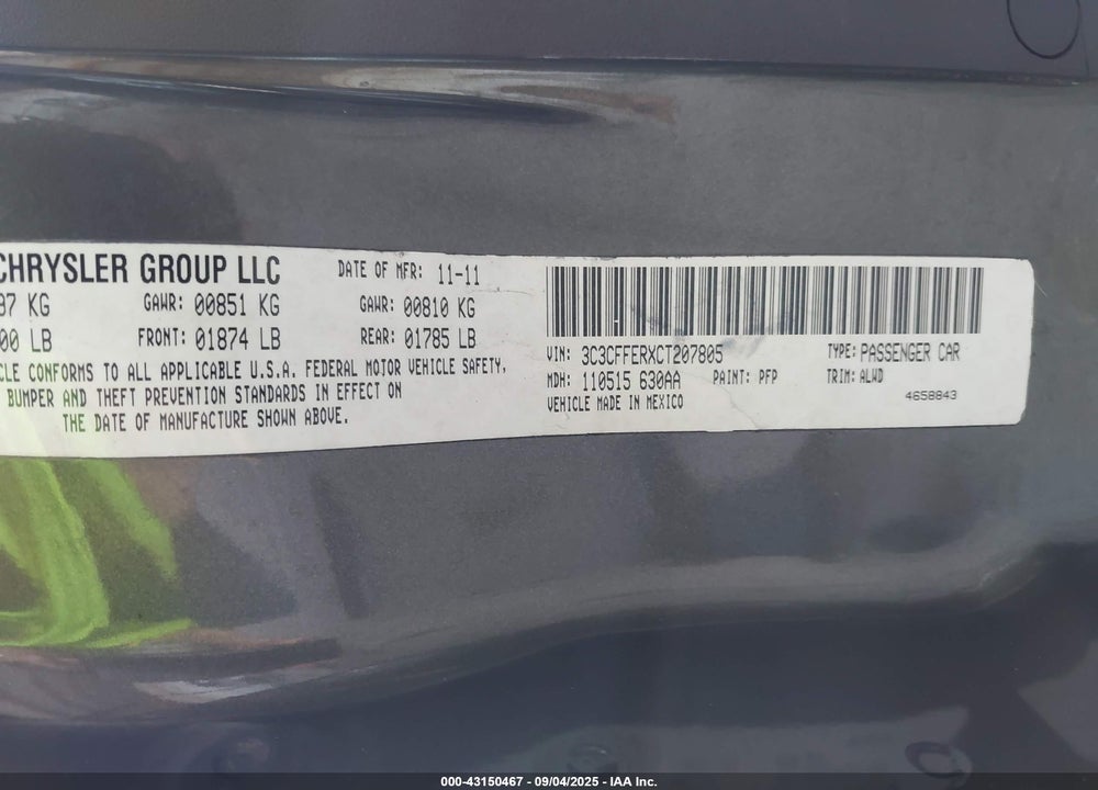 2012 FIAT 500C VIN: 3C3CFFERXCT207805