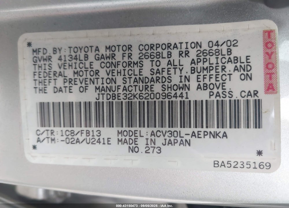 2002 TOYOTA CAMRY LE VIN: JTDBE32K620096441