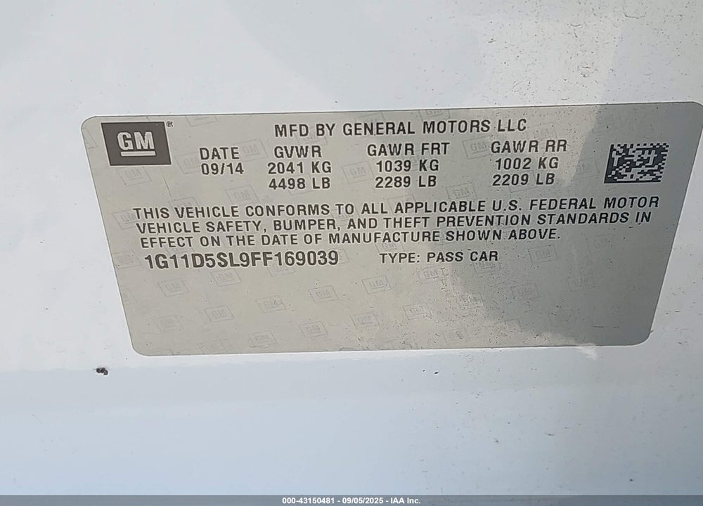 2015 CHEVROLET MALIBU 2LT VIN: 1G11D5SL9FF169039