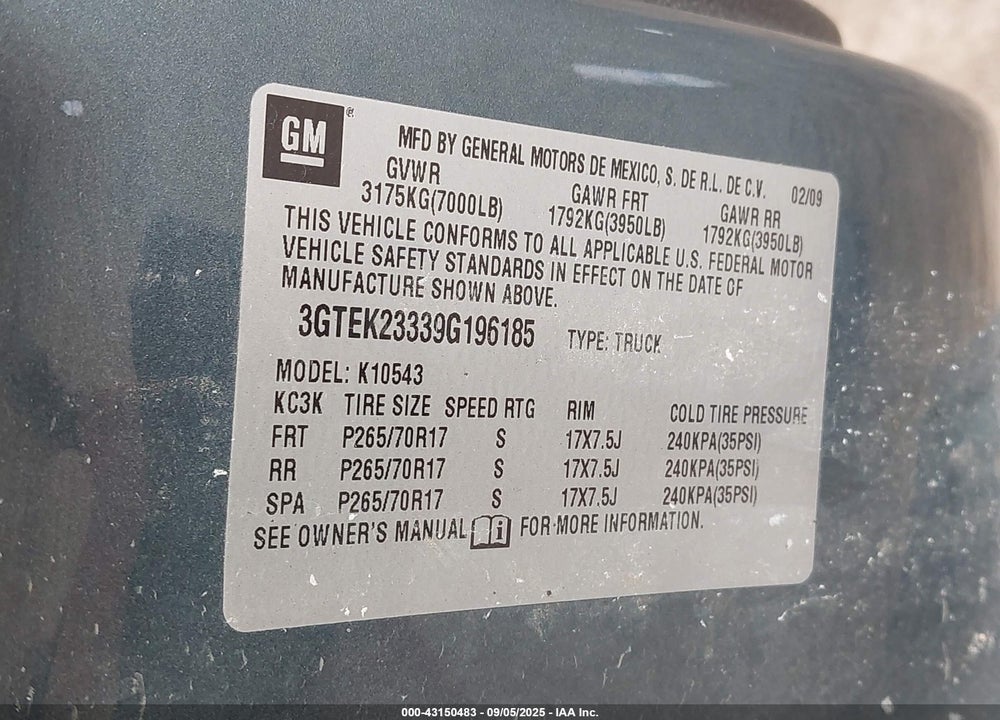 2009 GMC SIERRA 1500 VIN: 3GTEK23339G196185