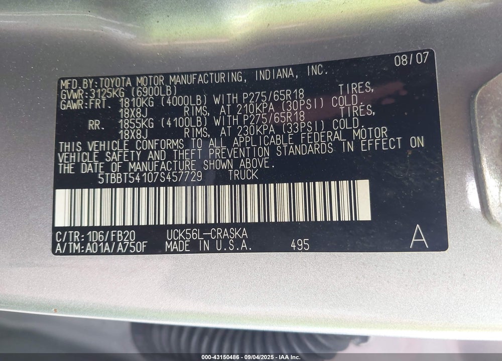 2007 TOYOTA TUNDRA VIN: 5TBBT54107S457729
