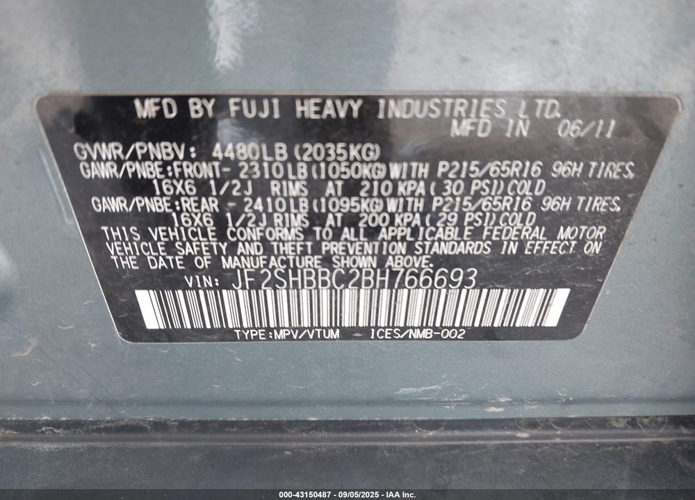 2011 SUBARU FORESTER VIN: JF2SHBBC2BH766693