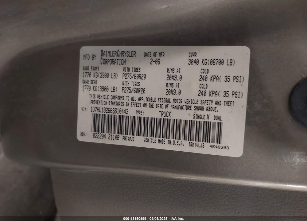 2006 DODGE RAM 1500 VIN: 1D7HU18266S610443