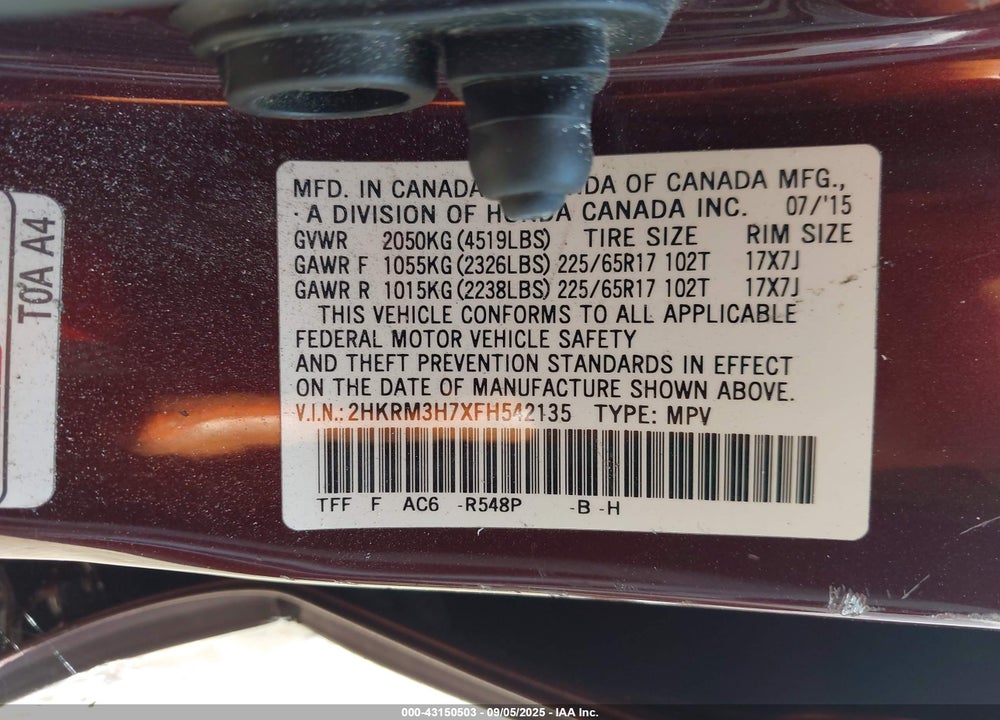 2015 HONDA CR-V VIN: 2HKRM3H7XFH542135