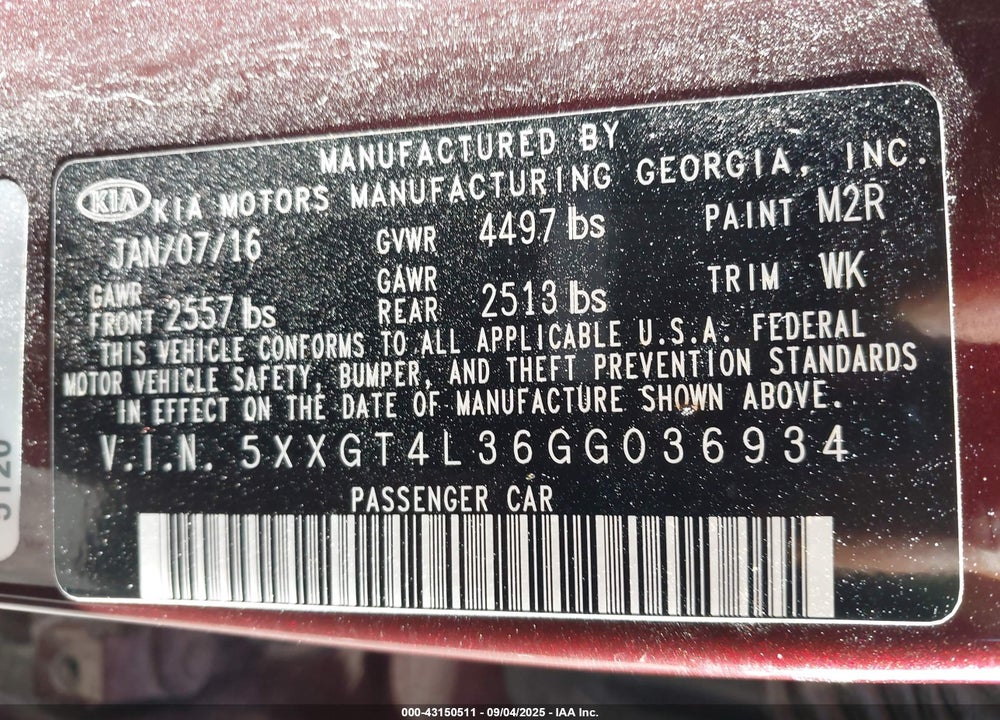 2016 KIA OPTIMA LX VIN: 5XXGT4L36GG036934