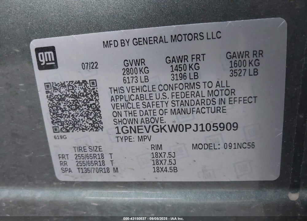 2023 CHEVROLET TRAVERSE VIN: 1GNEVGKW0PJ105909