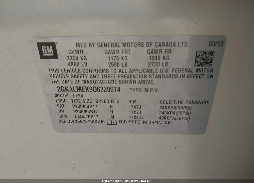 2013 GMC TERRAIN SLE-1 VIN: 2GKALMEK9D6320674