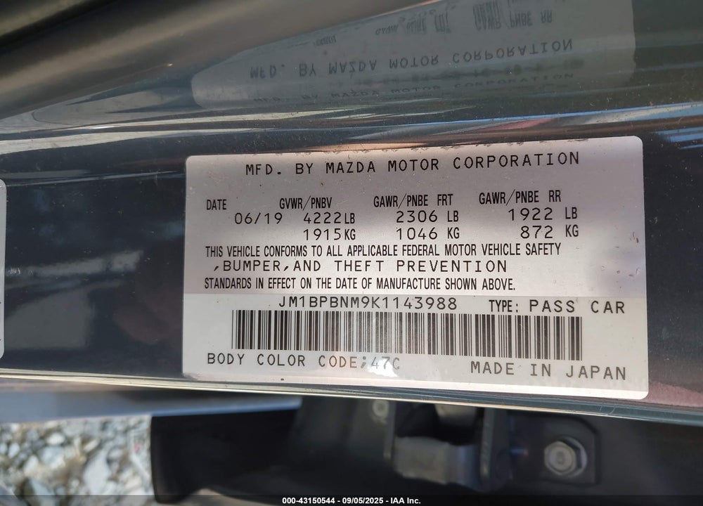 2019 MAZDA 3 PREMIUM PACKAGE VIN: JM1BPBNM9K1143988