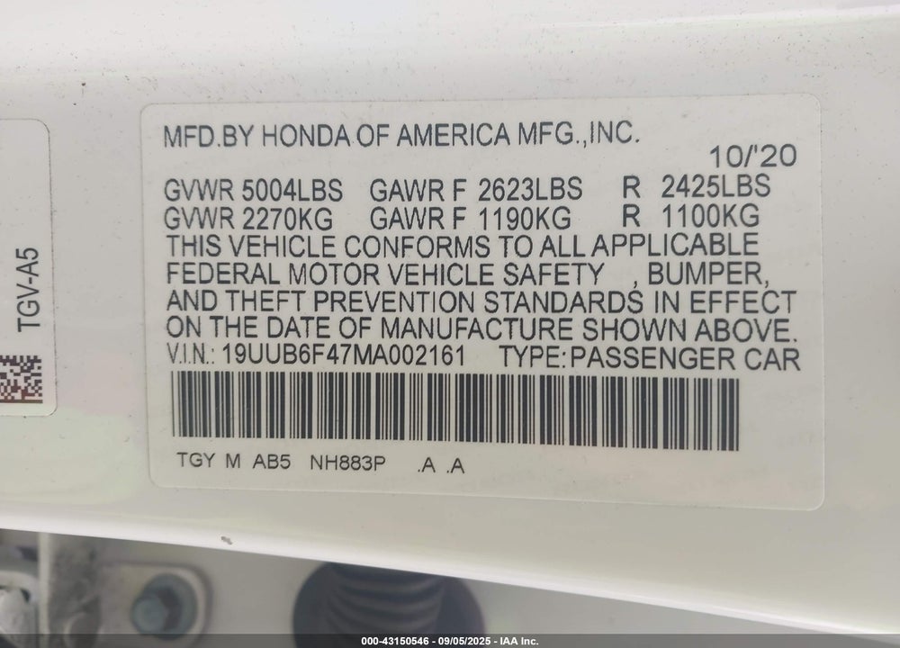 2021 ACURA TLX TECHNOLOGY PACKAGE VIN: 19UUB6F47MA002161
