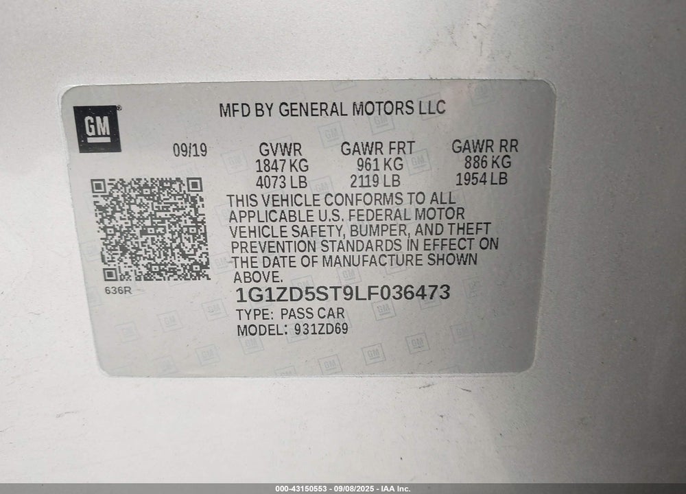 2020 CHEVROLET MALIBU VIN: 1G1ZD5ST9LF036473