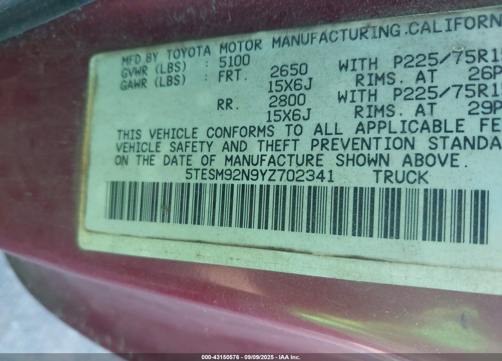 2000 TOYOTA TACOMA VIN: 5TESM92N9YZ702341