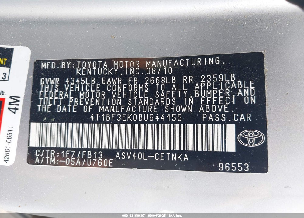 2011 TOYOTA CAMRY VIN: 4T1BF3EK0BU644155