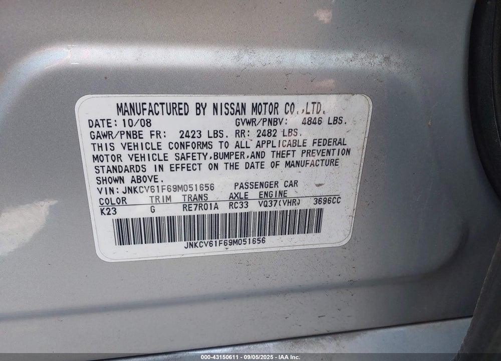 2009 INFINITI G37X VIN: JNKCV61F69M051656