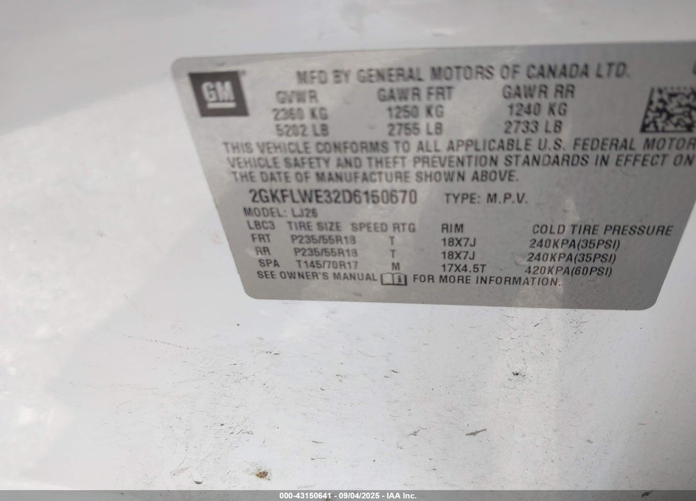 2013 GMC TERRAIN VIN: 2GKFLWE32D6150670
